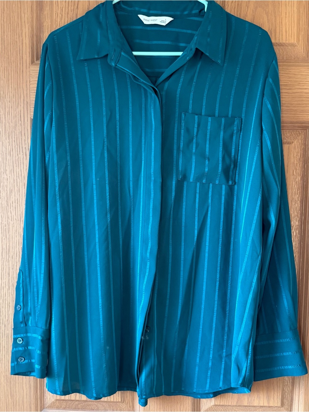 Nine West Teal Vertical-Stripe Button Down Shirt